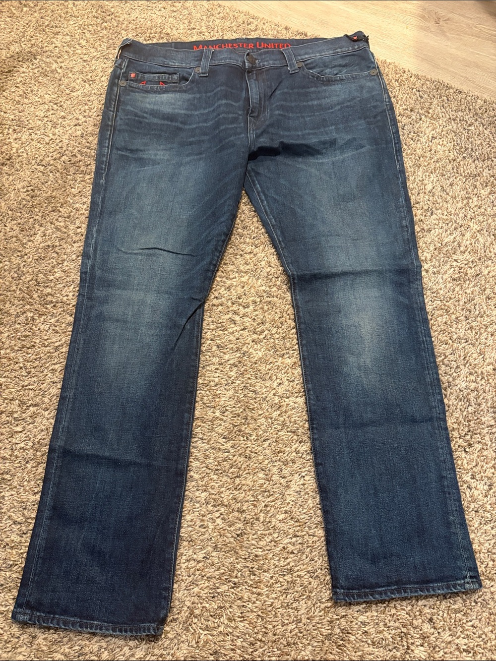 True Religion Men's Indigo Straight Jeans with Red Accent